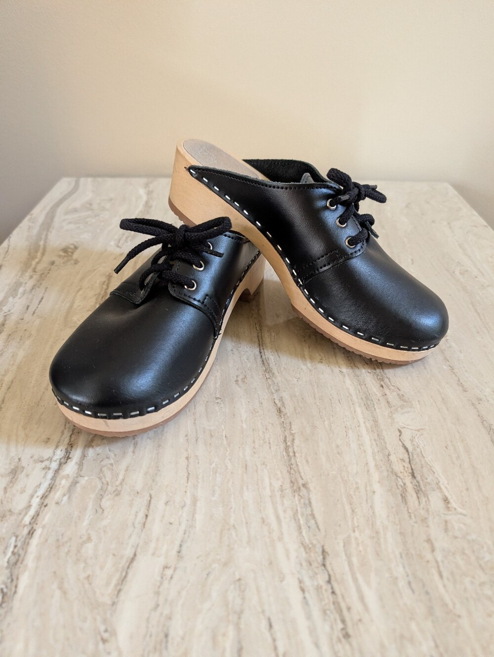 Verka Swedish Black Leather & Wood Handmade Clogs US Size 7-7.5 , EU 38